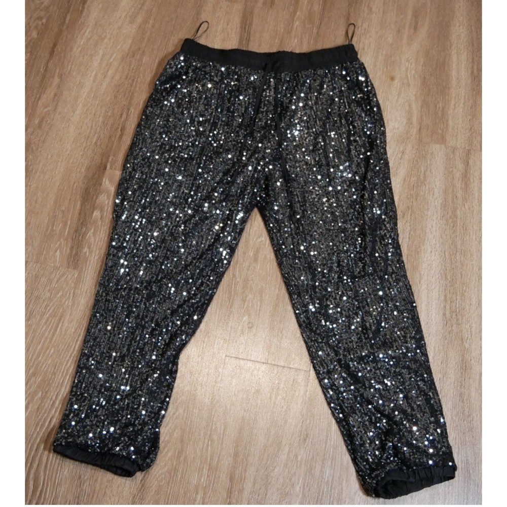 Style Rack Womens‎ Black Sequin Jogger Pants Elastic Waist Tapered Leg Large